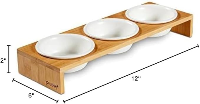 PiuPet® Cat Bowls for Indoor Cats 8.5 fl oz with Rack, Set of 3 Bowls for Cats and Small Dogs, White Ceramic Cat Bowls with Stylish and Non-Slip Bamboo Frame I Ergonomic Kitten Bowls for Easy Cleaning