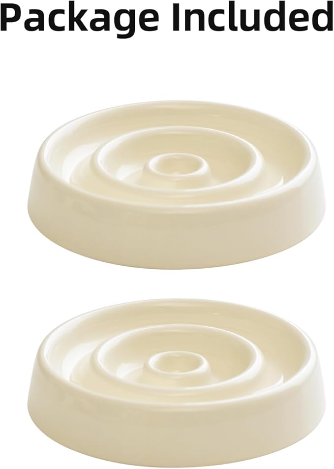 Ceramic Slow Feeder for Cats, Slow Food Bowl, Circle Shape (Bowl x 2 - Cream, 6inch)