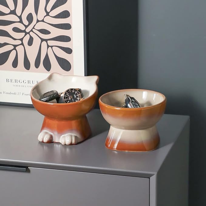 Nihow Elevated Cat/Dog Bowls Set : 6.2 Inch Ceramic Raised Cat Food & Water Bowl Set for Protecting Pet's Spine - Feeding & Watering Supplies for Cat/Small Size Dog - Elegant Brown (2PC)