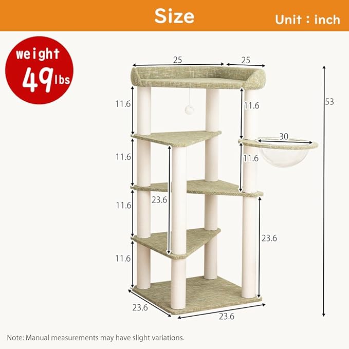 Cat Tree for Indoor Cats, 53” Tall Modern Cat Tower with Acrylic Bowl Bed & Multi-Level Platforms, Stable Cat Condo for Large Cats (Light Gray)