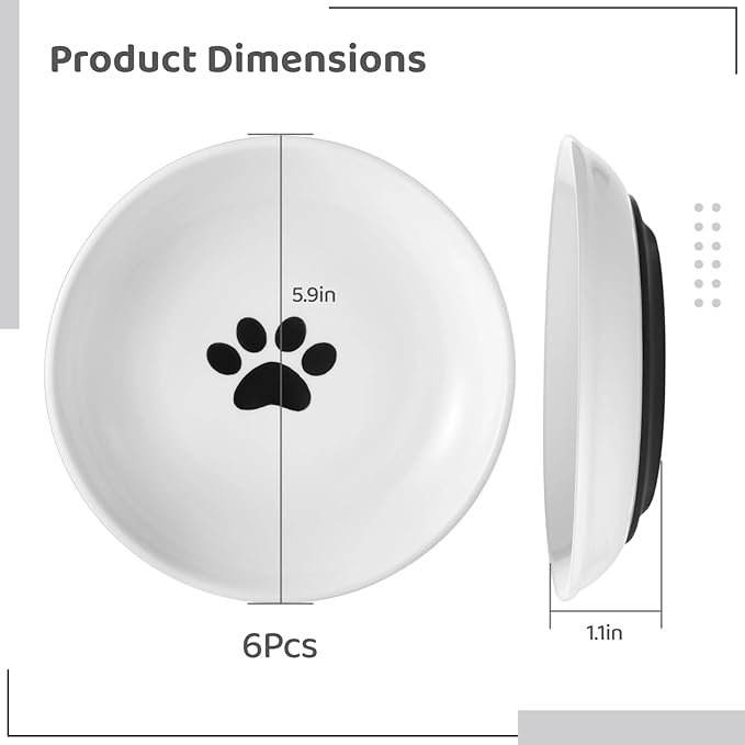 Dorakitten Ceramic Cat Bowls 6 Pack, No Whisker Fatigue Wide Shallow Cat Dishes with Non-Slip Silicone Bottom, Pet Food & Water Plates, 5.9 Inches Diameter