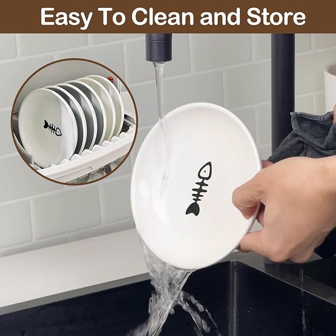 Cat Food Bowl Set of 3, Ceramic Cat Bowls, Anti Whisker Fatigue Cats Bowl Set,5.9 Inches Shallow Wide Kitten Plates with Silicone Base for Wet/Dry Food, Indoor Pets (Fish Bone)