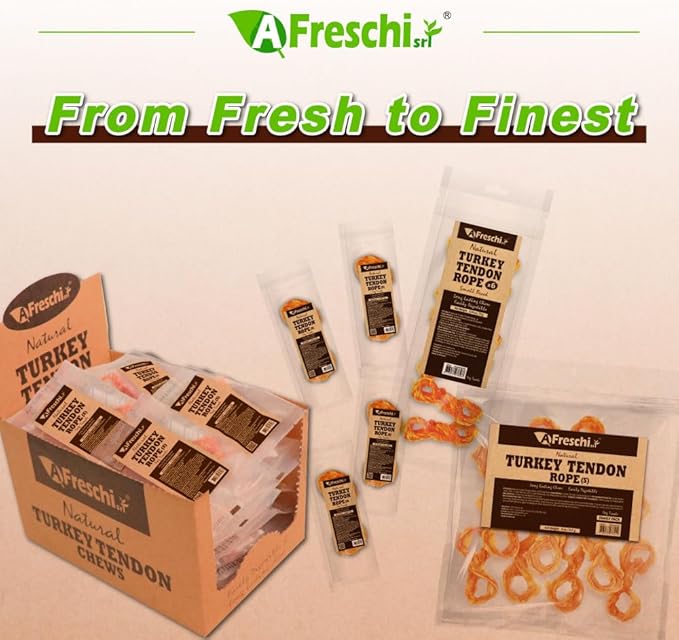 AFreschi Turkey Tendon Rope (S) 6 Pieces per Pack, USA-Sourced Turkey Tendon, All Natural Human Grade Puppy Chew, Hypoallergenic, Rawhide Alternative, Dog Treats for Small Breeds