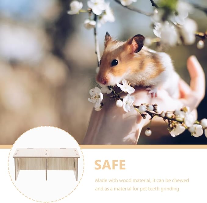 Hamster Solid Wood Hide House Two Room Pet Hideout Safe Non Nail Design Polished Natural Wood Hamster Cage Decor Yellow 8.26X4.33X3.14 Inch