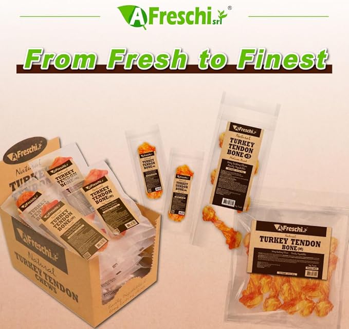AFreschi Turkey Tendon Bone (M) 3.17 oz, USA-Sourced Turkey Tendon, All Natural Human Grade Dog Chew, Hypoallergenic, Rawhide Alternative, Dog Treats for Medium Breeds