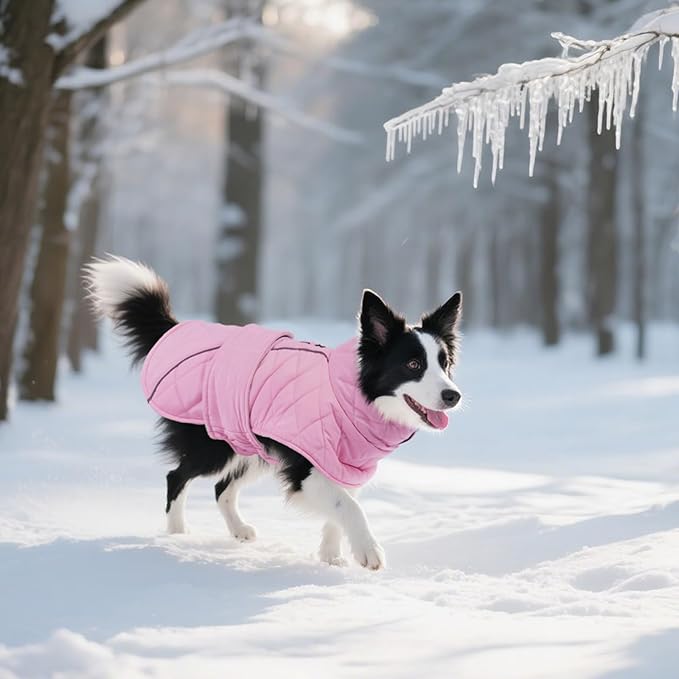 Kuoser Dog Coat, Extra Warm Dog Jacket Windproof Dogs Cold Weather Coats for Large Dogs, Fleece Lining Turtleneck Puppy Snowsuit Reflective Adjustable Pet Winter Clothes Christmas, Pink 2XL