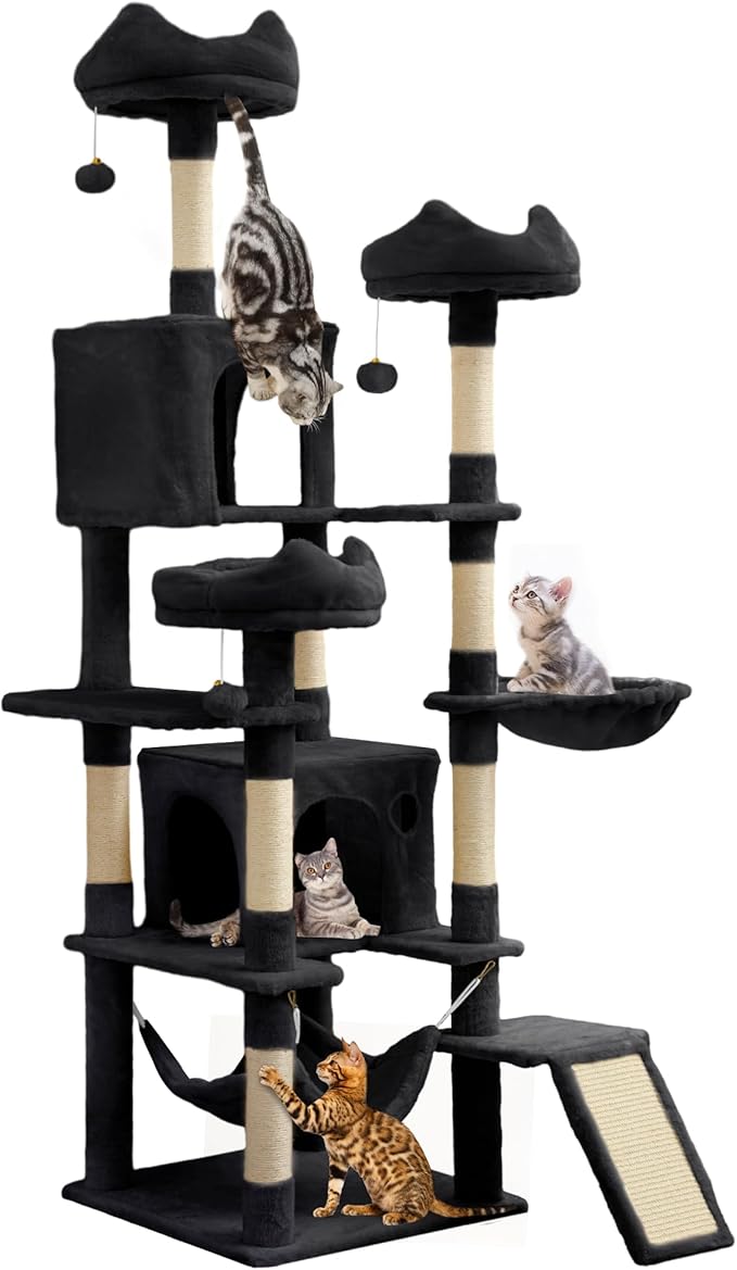 YITAHOME Tall Cat Tree for Indoor Cats, 75 inch Multi-Level Cat Tower with Cat Condos, Top Perches, Sisal Ramp Scratching Posts, Cozy Basket, Hammocks, Large Cat Pet Activity Structure, Black