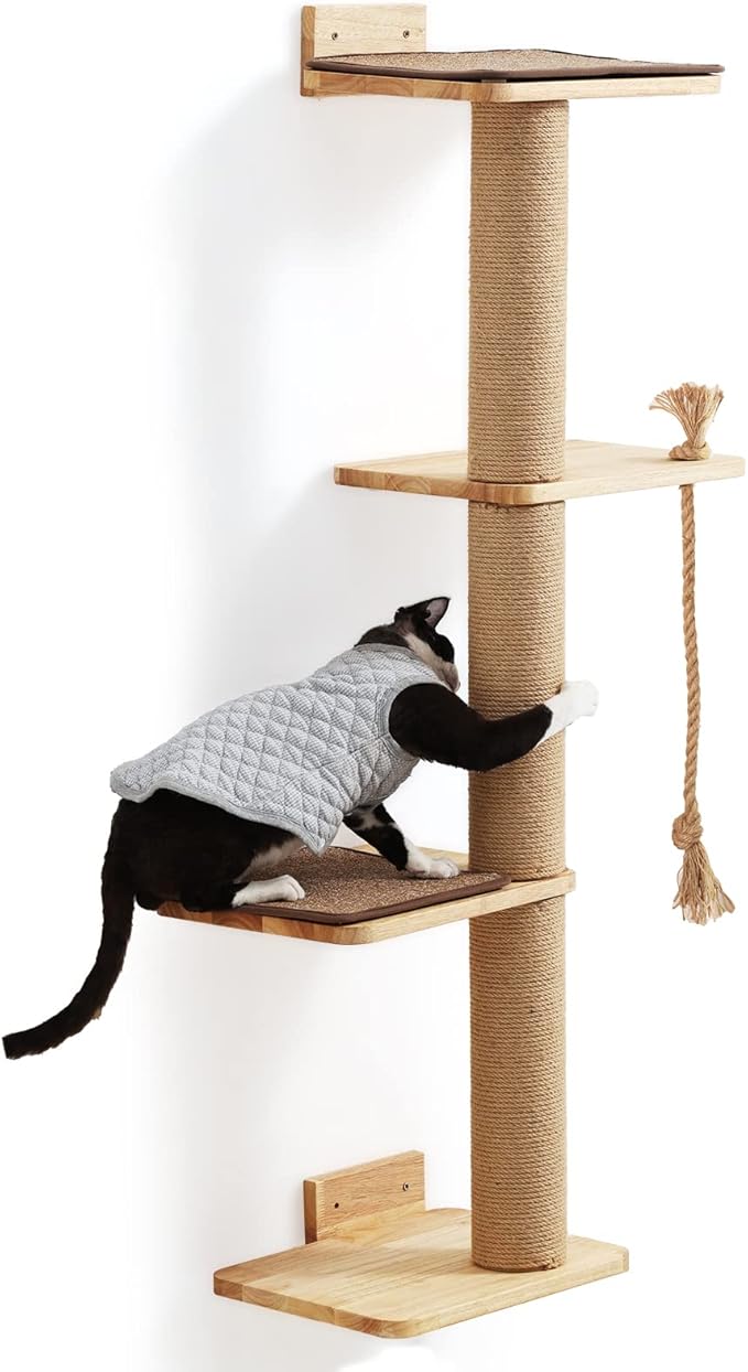 FUKUMARU Cat Scratching Activity Tree Wall Mounted, 50 Inch Cats Scratch Post, with Kitten Bed, Rubber Wood Scratcher Posts, Large