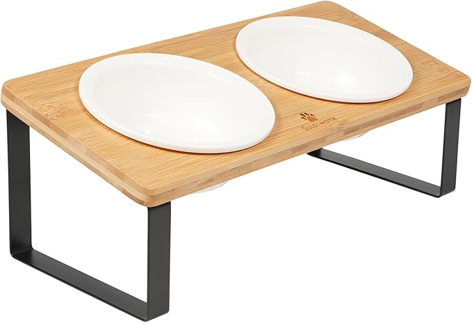 Sunhoo Ceramic Elevated Cat Bowls Raised Puppy Dishes for Food and Water Tilted Wooden Stand for Indoor Cats 5.5 inch Wide Double Dish Orthopedic Reduces Vomiting (Wood Color)