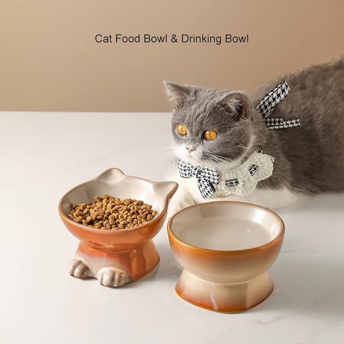 Nihow Elevated Cat/Dog Bowls: 6.25 Inch Ceramic Raised Cat Food & Water Bowl Set for Protecting Pet's Spine - Feeding & Watering Supplies for Cat/Small Size Dog - Elegant Brown (6.8 OZ /1 PC)