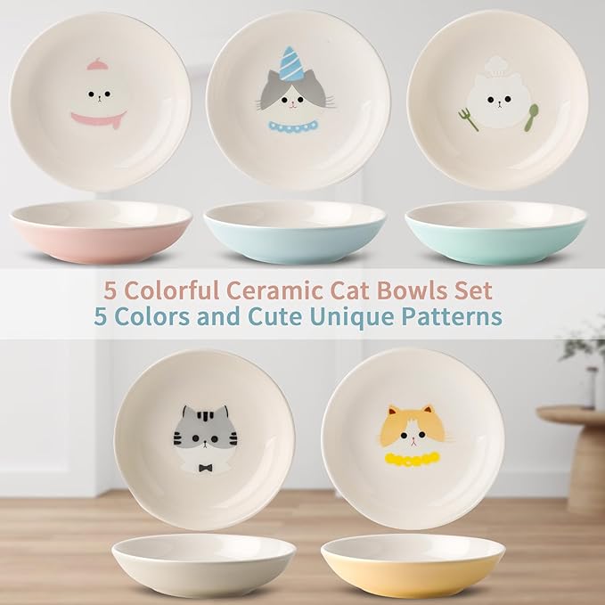 Ceramic Cat Bowls Set - 5.7 inch Wide Cat Food Bowls Whisker Fatigue Friendly, 5 Colorful Kitten Dish Plates with Cute Pattern for Wet and Dry Food Water