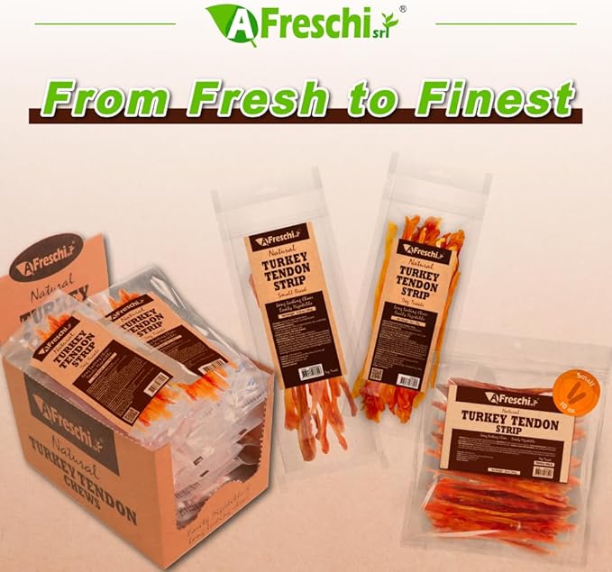 AFreschi Natural Turkey Tendon Strip 10 Units/Box, All Natural Human Grade Puppy Chew, USA-Sourced Turkey Tendon, Hypoallergenic, Easy to Digest, Rawhide Alternative