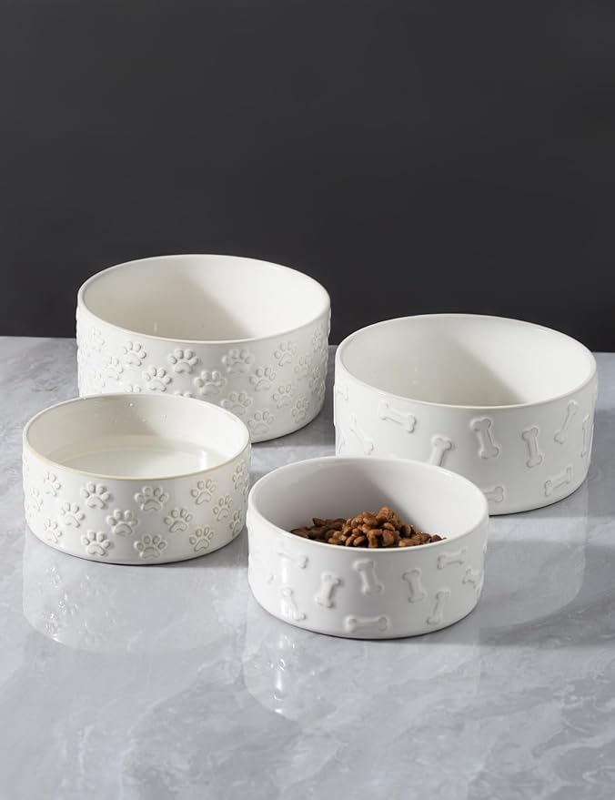 UBEE Ceramic Dog Bowl Set of 2, 5.1 inch Dog Food Bowl with Bone Pattern, Pet Food Water Dish Feeding for Small Dogs and Large Cat, White