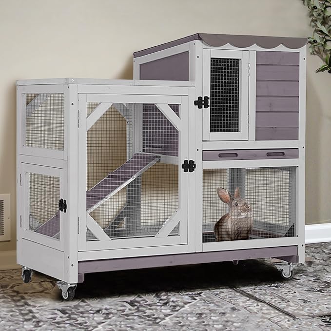 2-Story Rabbit Hutch Indoor Bunny Cage Outdoor Guinea Pig House with Chew-Proof Ramp, Leak-Proof Tray, Lockable Wheels for Rabbits, Guinea Pigs, Small Animals (Grey)