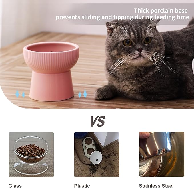 OMAYKEY Ceramic Raised Cat Bowls, Elevated Cat Food and Water Bowls Set, 15 oz Porcelain Stress Free Pet Feeder Bowl Dish for Cats and Small Dogs - Set of 2, Pink