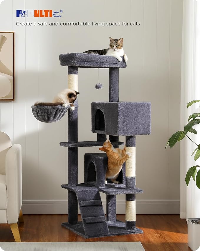 PEQULTI 56.3'' Cat Tree for Large Cats with Super Large Top Perch, Tower for Indoor Cats with Hammock and Sleeping Bag, Cat Shelves with Scratching Posts and 2 Condos Houses Dark Grey