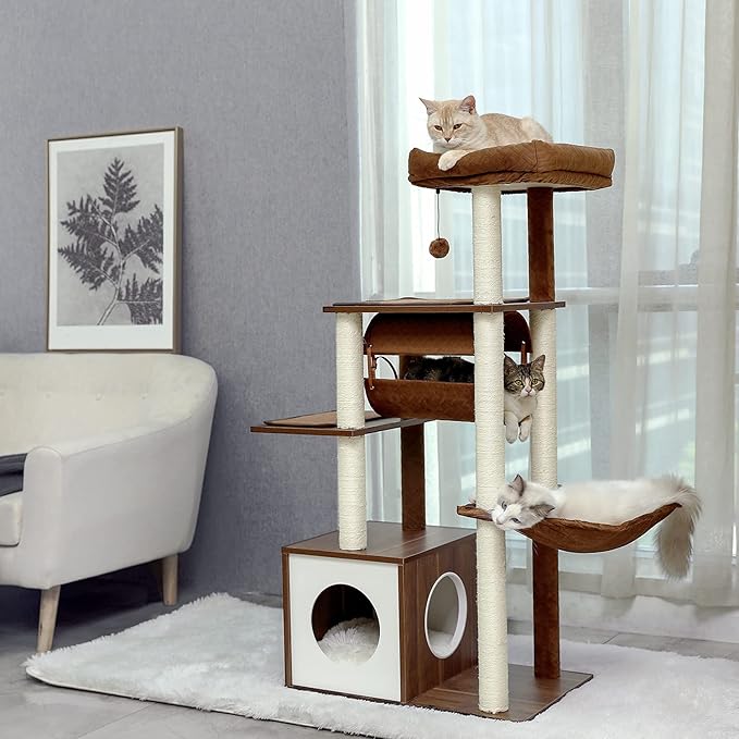 PEQULTI 51.4 Inches Modern Cat Tree Premium 6 Levels Wooden Cat Tower with Fully Sisal Covered Scratching Posts, Cozy Condo, Spacious Perch, Super Large Hammock and Swing Tunnel for Indoor Cats Brown