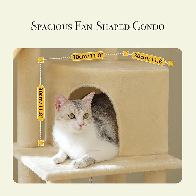 PAWZ Road Tall Cat Tree, Floor to Ceiling Cat Tower with Adjustable Height(85-112 Inches), 7 Tiers Climbing Tower with Cozy Hammocks, 5 Platforms and Scratching Posts for Indoor Cats-Beige