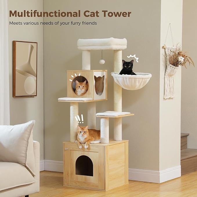 PEQULTI 57.5" Cat Tree with Litter Box Enclosure Large, Wood Cat Tower for Indoor Cats with Storage Cabinet and Cozy Cat Condo, Sisal Covered Scratching Post and Repalcable Dangling Balls, Beige