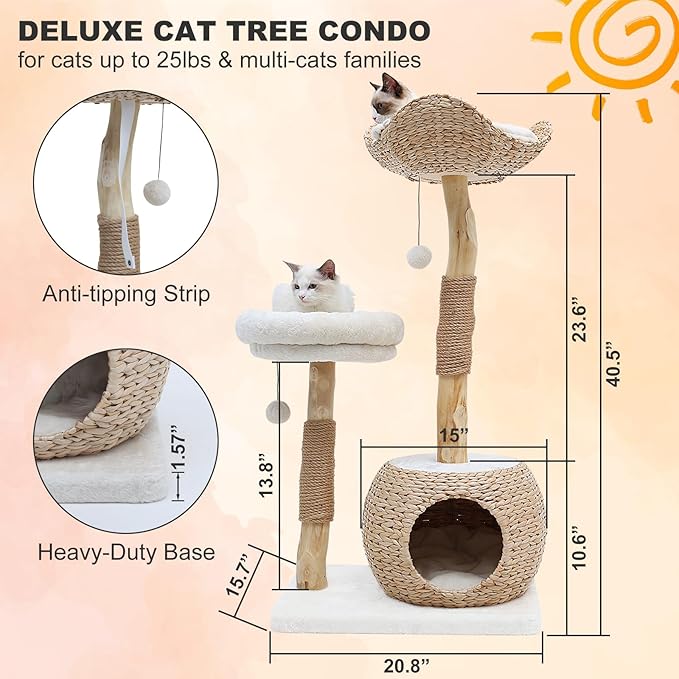 Modern Cat Tree Tower for Indoor Cats, Real Branch Luxury Cat Condo with Scratching Post, Jumping Platforms, Hanging Toy Ball for Multi-Cat Households