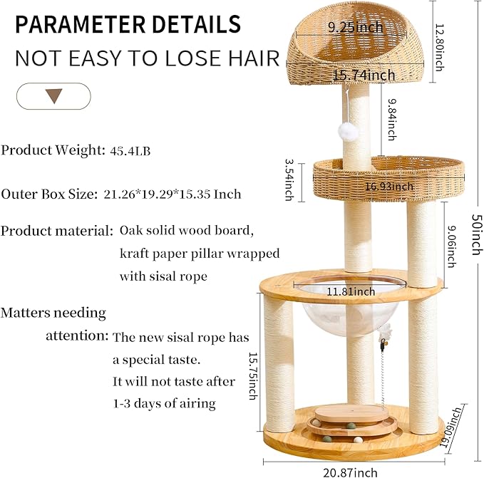 Large Cat Tree for Multiple Cats, Handmade with Natural Materials, Thick Scratching Posts, Stable & Sturdy Wooden Cat Scratcher, Stylish Nordic Design for Climbing & Play