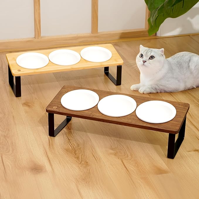 Sunhoo Raised Cat Food Water Bowl Elevated Tilted Kitty Dishes Set of 3 Ceramic Dish for Indoor Cats Orthopedic Pet Food Stand Reduces Vomiting 3 Bowl Cat Feeder Easy Assembly(Wood Color)