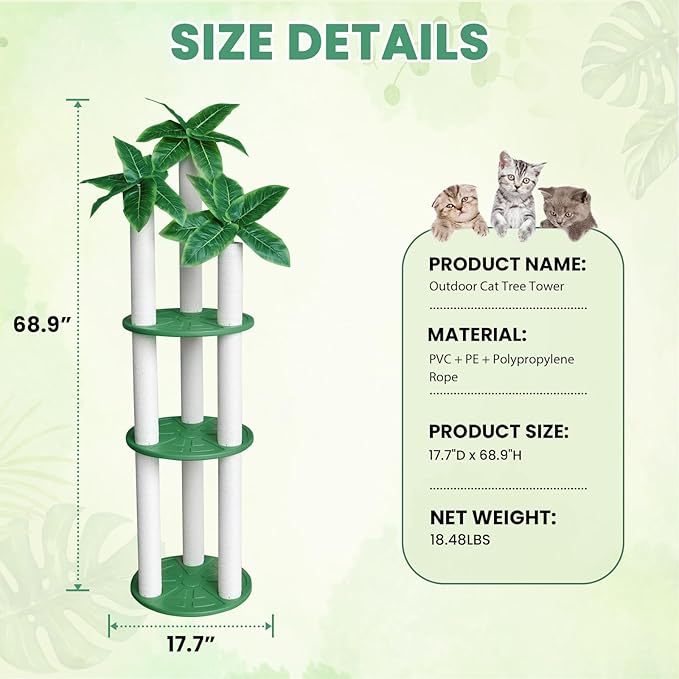 68 inch Waterproof cat Tower, Cylindrical Outdoor cat Tree with Green Leaves,Plastic Board and cat Scratching Post,Used in Catio,Deck,Patio