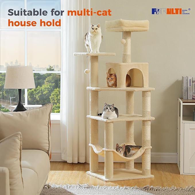 PEQULTI 56.3'' Cat Tree for Indoor Cats, Multi-Level Cat Tower with 2 Top Perch. Cat Condo, Hammock and Sisal-Covered Scratching Post, Beige