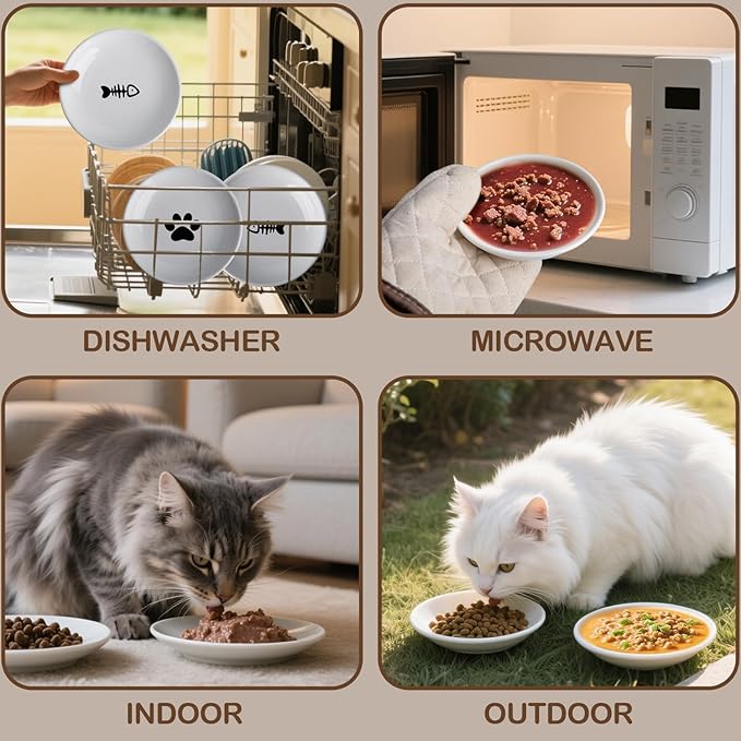 Cat Food Bowl Set of 6, Ceramic Cat Bowls, Anti Whisker Fatigue Cats Bowl Set,5.9 Inches Shallow Wide Kitten Plates with Silicone Base for Wet/Dry Food, Indoor Pets(Paw)