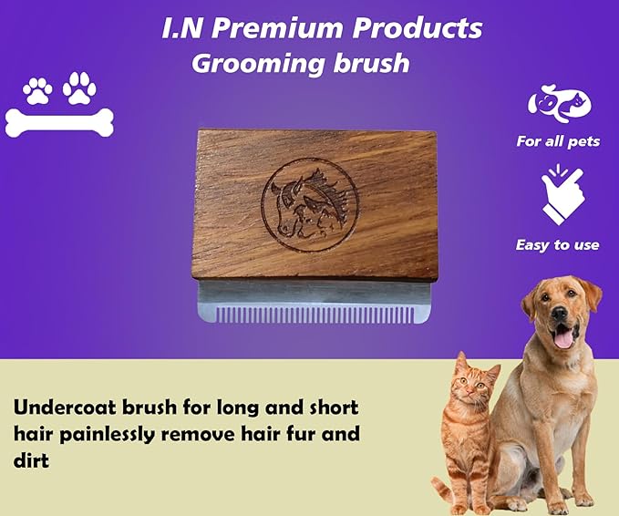 Deshedding Grooming Tools for Dogs Cats & Horse Easy Ergonomic Wooden Handle Professional Brush Grooming Tool, Remove painlessly 95 Percent of Lose Hair Fur & Dirt (5 inch) (2.5 inch)