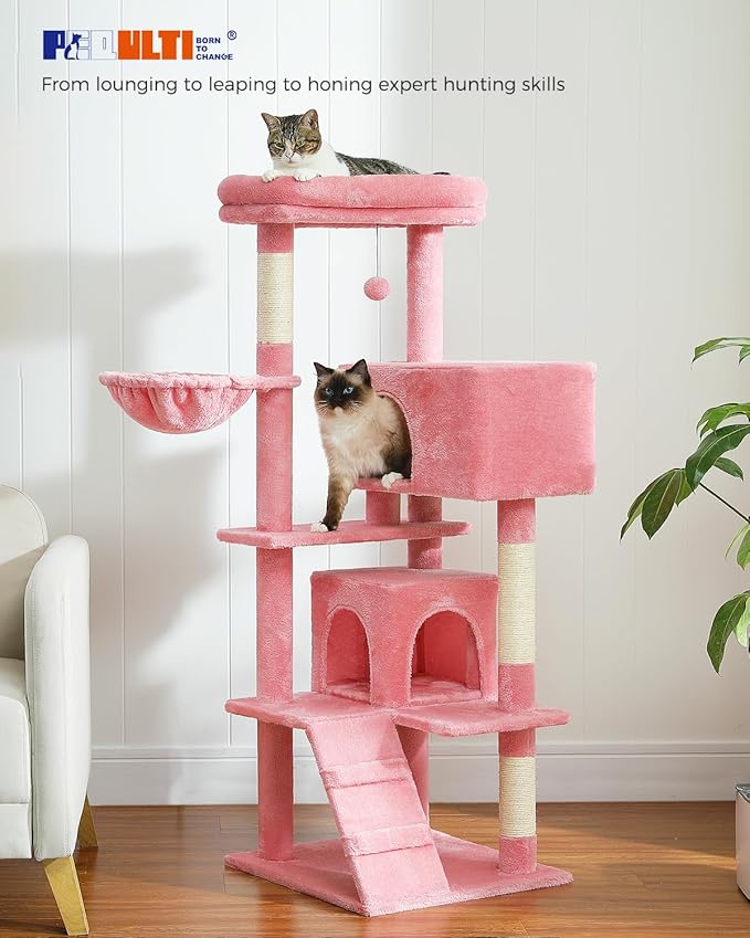 PEQULTI 56.3'' Cat Tree for Large Cats with Super Large Top Perch, Tower for Indoor Cats with Hammock and Sleeping Bag, Cat Shelves with Scratching Posts and 2 Condos Houses Pink