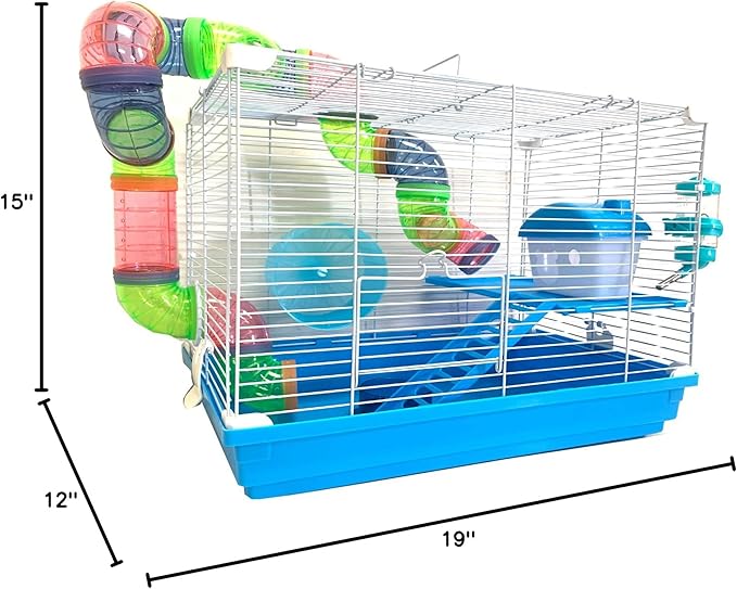 2 Levels Habitat Hamster Home Rodent Gerbil Mouse Mice Rat Wire Cage with Complete Set of Accessories (18" L x 12" W x 15" H, Blue)
