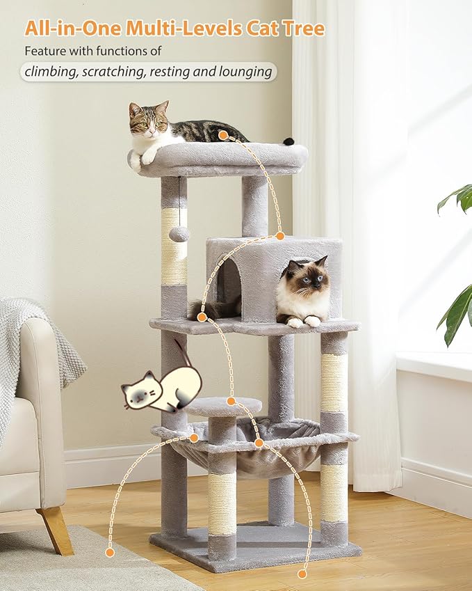PEQULTI 45.7'' Cat Tree for Indoor Cats with Metal Frame Big Hammock, Cat Tower for Small or Medium Cats with Cat Condo House, with Scratching Posts and Top Perch, Grey