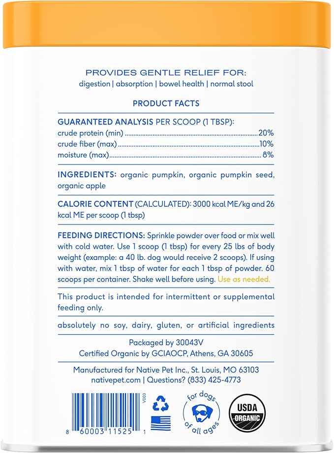 Native Pet Pumpkin for Dogs - Organic Powder Pumpkin Puree Dog Food Toppers -Rich in Fiber Supplement Powder Helps with Digestion, Nutrient Absorption, Diarrhea, Constipation & Upset Stomach-60 Scoops