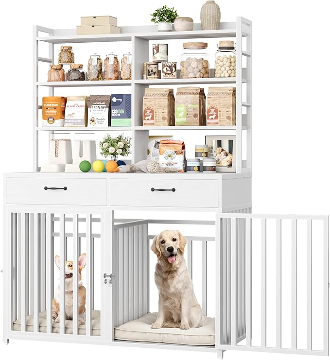 Keyluv 71''H x 47.2''W Large Dog Crate Furniture with 4-Tier Shelves and 2 Storage Drawers, Heavy Duty Dog Cage Furniture with 2 Doors, Wood & Metal Dog Kennel Indoor for Small/Medium/Large Dog, White