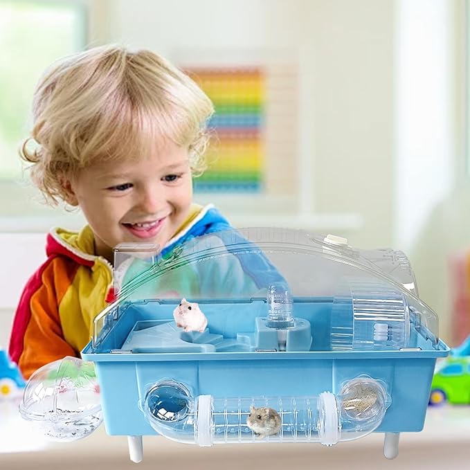 Tfwadmx Dwarf Hamster Cage,Acrylic Rat Cage,Hamster Home Small Animal Cages with Tube Exercise Wheel Mouse Habitat for Gerbils Mice 17.7”x11”x11.8”, Blue