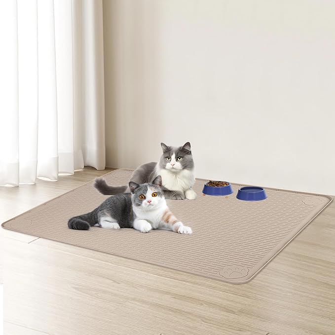 Cat Food Mat, 34" x 22" Large Silicone Pet Feeding Mat for Food and Water Bowls Non-Slip, Easy to Clean (Beige)