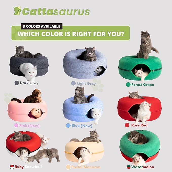 Cattasaurus Peekaboo Cat Cave, Extra Spacious for Multiple & Large Cats 12+ lbs, Scratch Detachable Cat Beds for Indoor Cats, Washable Tunnel Bed, Comfy Donut Tunnel (Ruby Snowball, Jumbo)