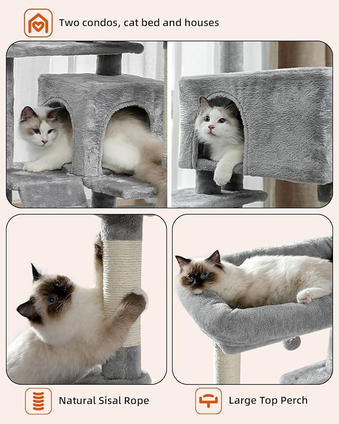 PEQULTI 56.3'' Cat Tree for Large Cats with Super Large Top Perch, Tower for Indoor Cats with Hammock and Sleeping Bag, Cat Shelves with Scratching Posts and 2 Condos Houses Grey