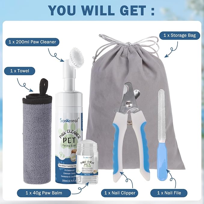 SCENEREAL Dog Paw Care Kit for Repairs Dry Cracked Paws & Nose, No-Rinse Foaming Cleaner & Balm & Nail Clipper File Set, Pet Foot Washer Paw Scrubber Brush for Large Medium Small XL Breed Dogs Cats