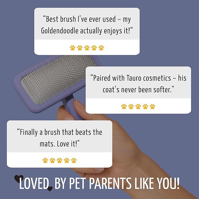 Tauro Pro Line Wooden Deshedding Dog Brush for Long Goldendoodle, Labradoodle & Poodle Hair - Purple Slicker Brush for Dog & Cat Grooming - Rectangular Flexible Cushion & Non-Slip Grip, L