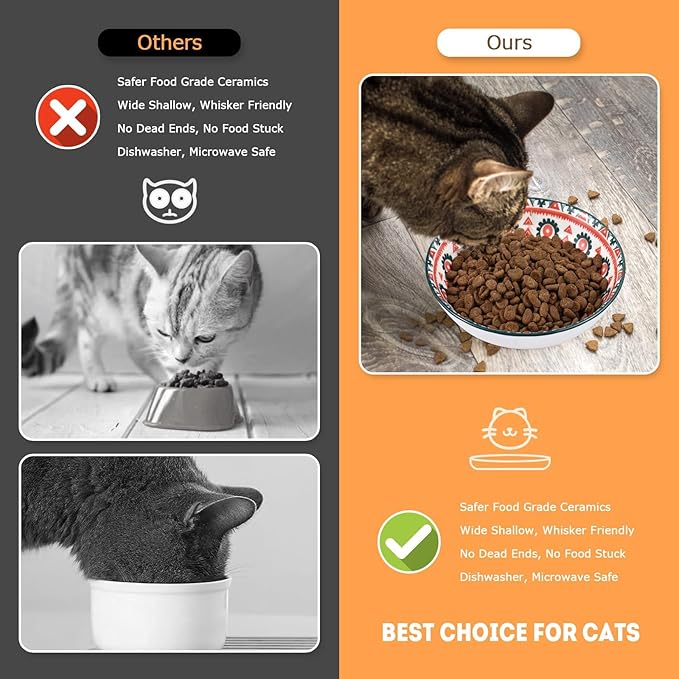 Ceramic Cat Bowls for Indoor Cats & Kittens, Whisker Friendly 5.5 Inch Shallow Plates, Set of 6 Cute Pet Feeding Dishes for Wet Dry Food and Water