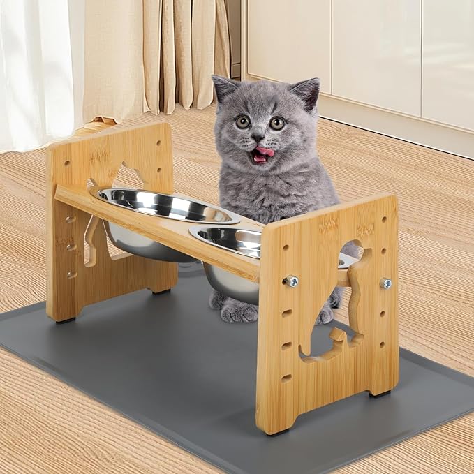 Elevated Small Dog and Cats Bowls, Adjustable Raised Dog Bowl Stand for Small Breeds and Cats,Stand with 2 Stainless Steel Bowls, Anti-Slip Silicone Pad. 