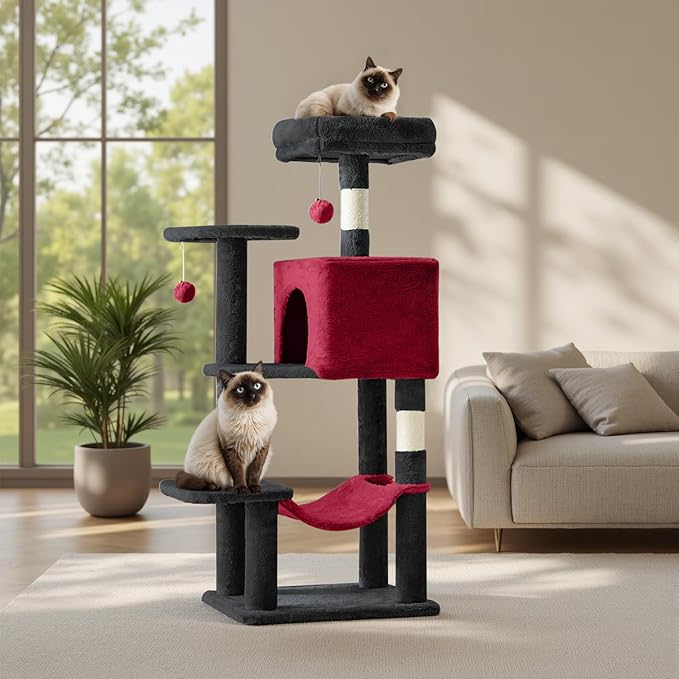 Sweetcrispy 44 inch Cat Tree Tower, Multi-Cat Climbing Tower with Condo, Natural Sisal Scratching Posts, Extended Platform, Hammock, Pet House for Indoor Cats and Kittens Play, Black and Red