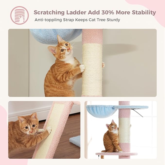 PEQULTI Cat Tree Floor to Ceiling,Tall Cat Tower, Adjustable Height (83''-108'') 5 Tiers Climbing Tree for Indoor Cats with Cat Condo, Scratching Post and Ladder,Pink