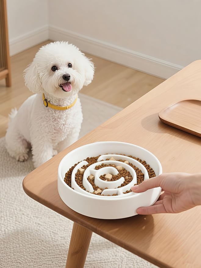 Slow Feeder Dog Bowls, Ceramic Dog Bowl with Anti-Slip, Slow Feeder & Non-Slip Design, Boredom and Anxiety Reducer, Suitable for All Breed Dogs and Cat (Ceramic-White)