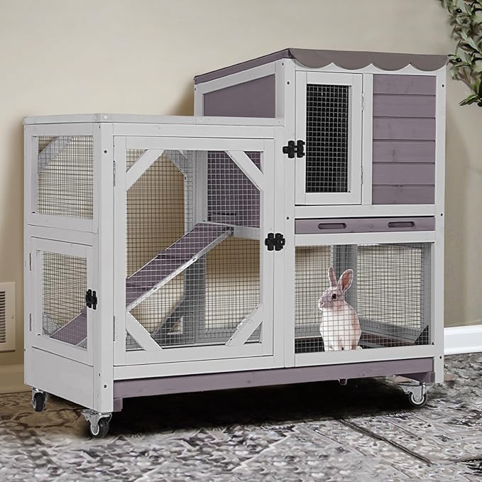 Aivituvin Rabbit Hutch Indoor Bunny Cage Outdoor 2-Story Guinea Pig House with Chew-Proof Ramp, Leak-Proof Tray, Lockable Wheels for Rabbits, Guinea Pigs, Small Animals (Grey)