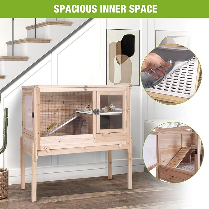 Wooden Guinea Pig Cages Indoor,Two-Story Wooden Rabbit Cage Hutch with Removable Stand and Pull Out Tray, Small Animals Cage Habitat with Ramp and Plastic Mesh(Natural Wood Color)