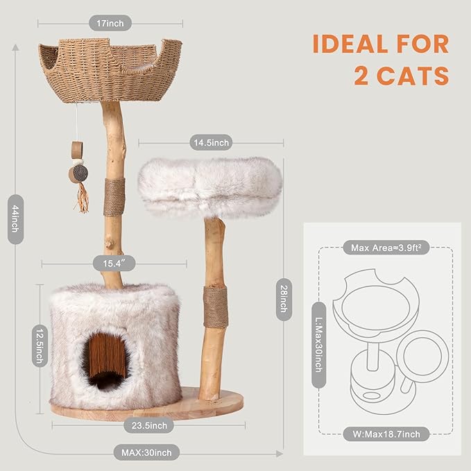 Cat Tree Tower with Two Real Branches, 44 INCH Wood Modern Cat Tower with Luxury Cat Condo, Cat Scratching Post, Jumping Platforms, Cat Furniture (Long Plush)