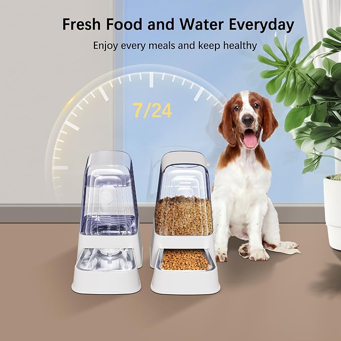Automatic Dog and Cat Food Feeder and Water Dispenser Set with Stainless Steel Bowls,Gravity Pet Food and Water Feeders,100% BPA-Free,Large Capacity for Cats Dogs Pets…(5L White)
